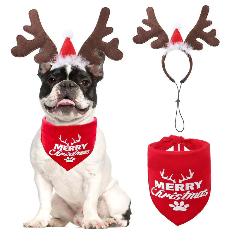 KOOLTAIL Conjunto de Fantasia de Natal para Cães com Bandana e Tiara de Rena com Chapéu de Papai Noel - Acessórios de Traje para Cães Gatos Filhotes para Festas de Natal e Ano Novo